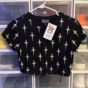 Lip service Black Crop Top with White Cross Pattern